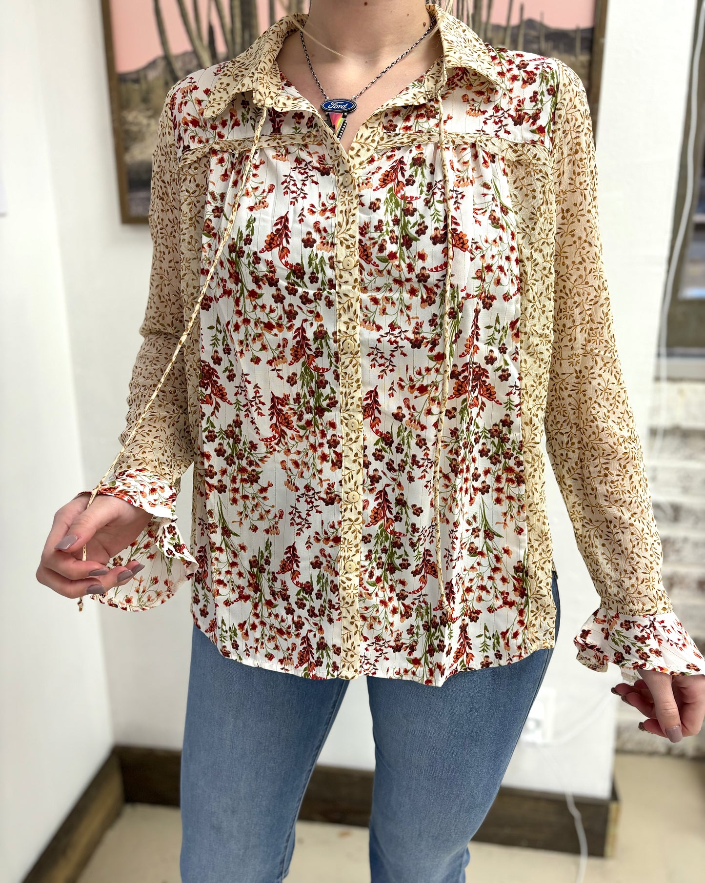 Cream Floral Long Sleeve Top