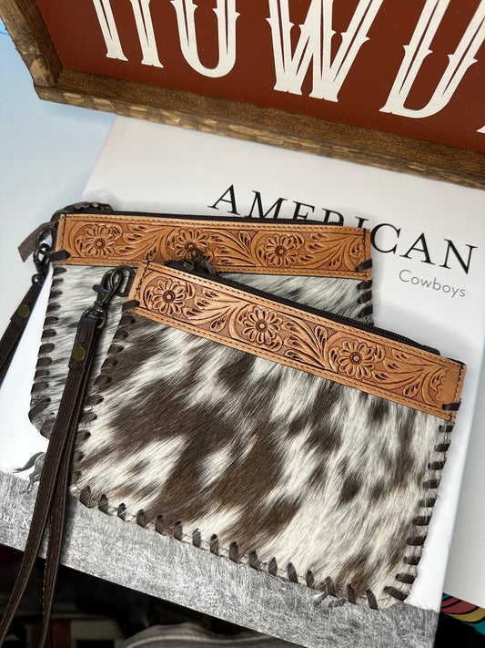 Small Genuine Cowhide & Tooled Leather Wristlet