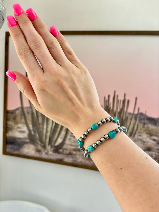 Genuine 6mm Sterling Silver Pearls w/ Turquoise Nuggets Bracelet