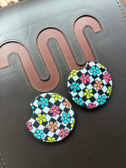 Checkered Flowers Car Coasters