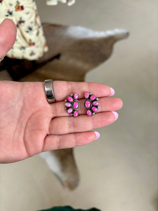 Genuine Neon Pink Opal Half Cluster Stud Earrings