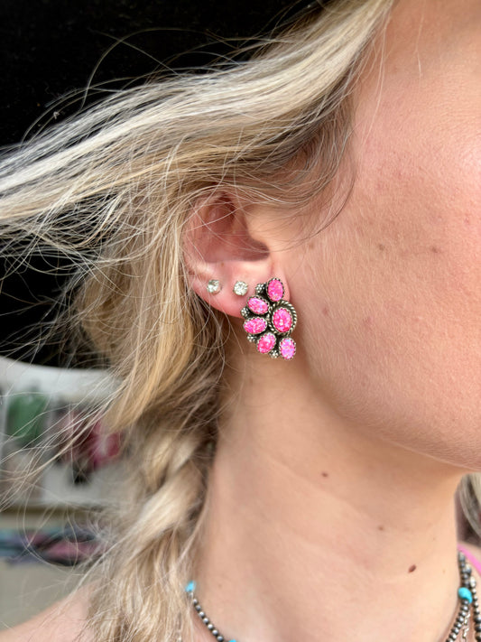 Genuine Neon Pink Opal Half Cluster Stud Earrings