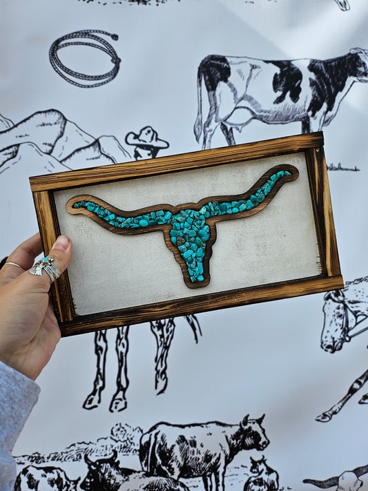 White Turquoise Longhorn Wood Sign
